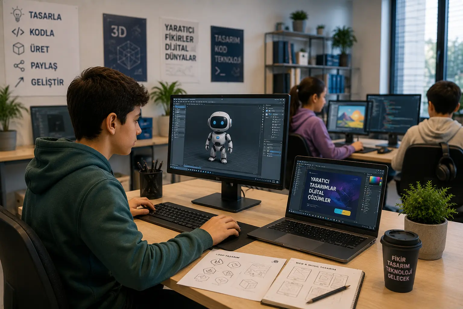 Bilgisayar, grafik tasarım ve 3B modelleme çalışması yapan öğrenci