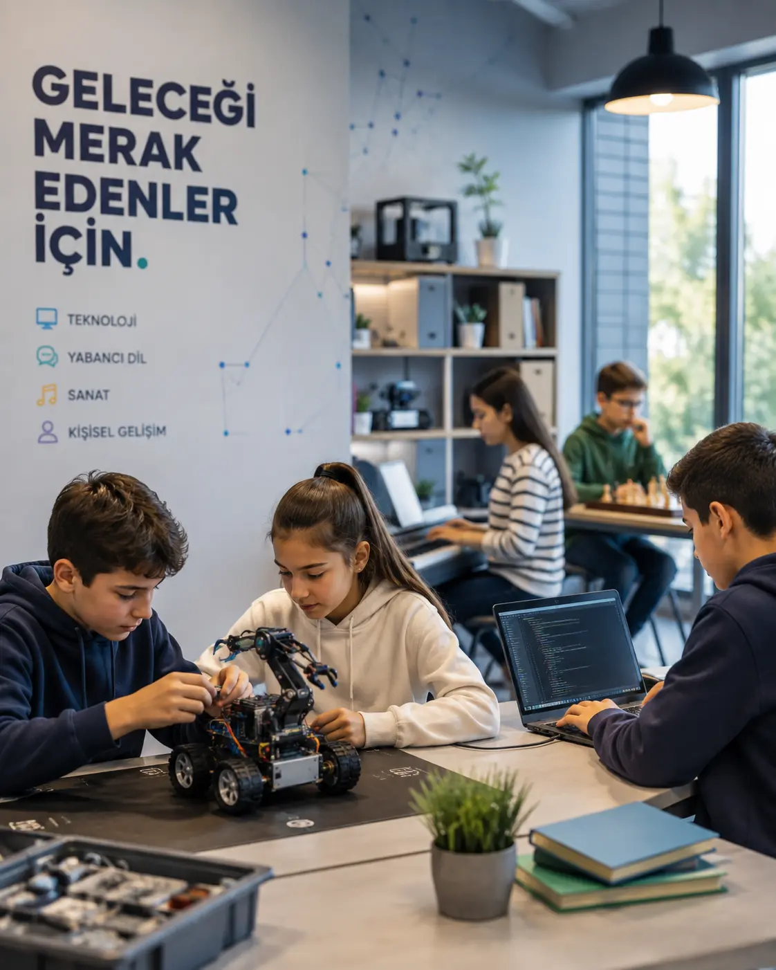 Biga Bilim'de robotik kodlama, teknoloji ve eğitim çalışmaları yapan öğrenciler